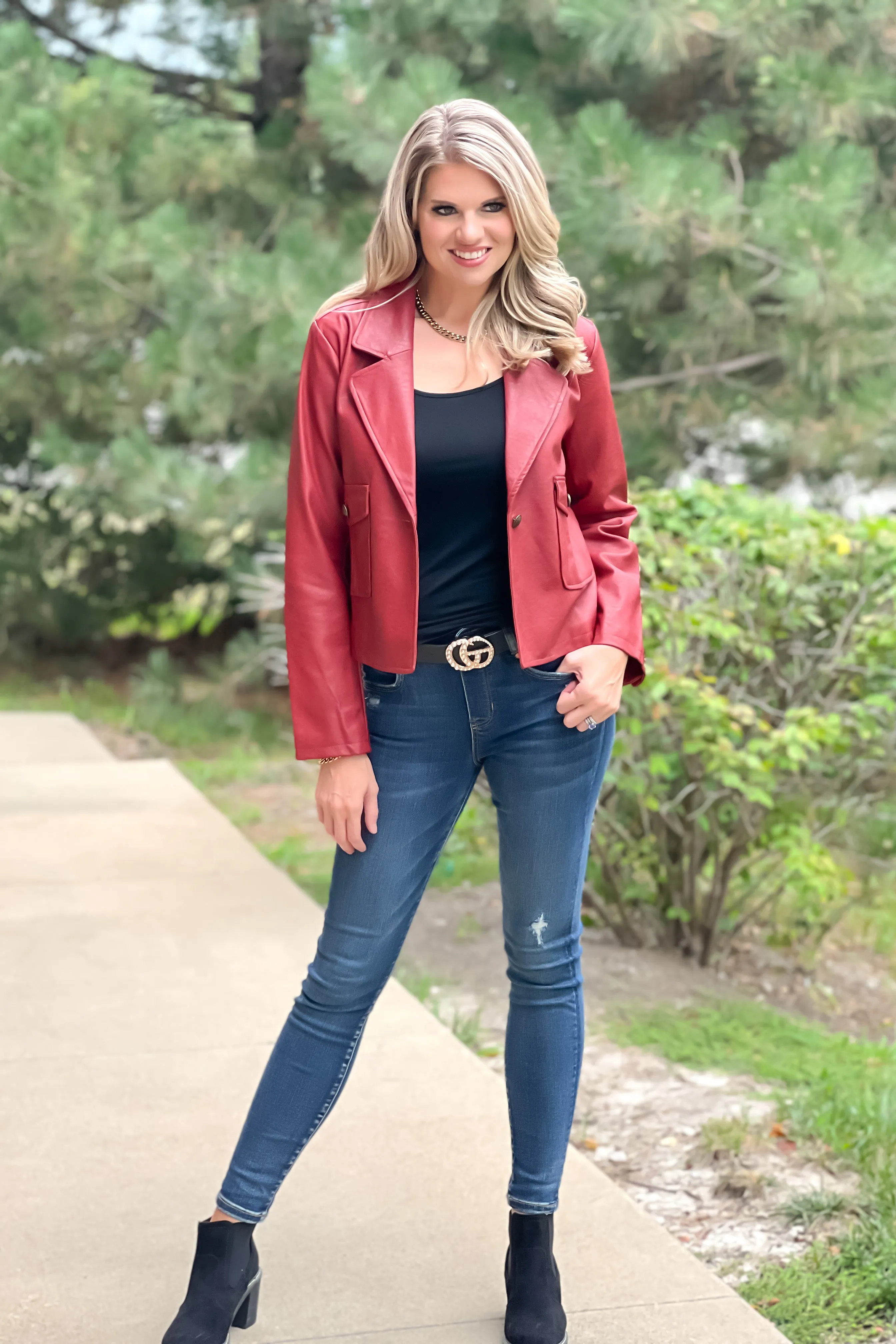 Something More Faux Leather Short Jacket : Burnt Red