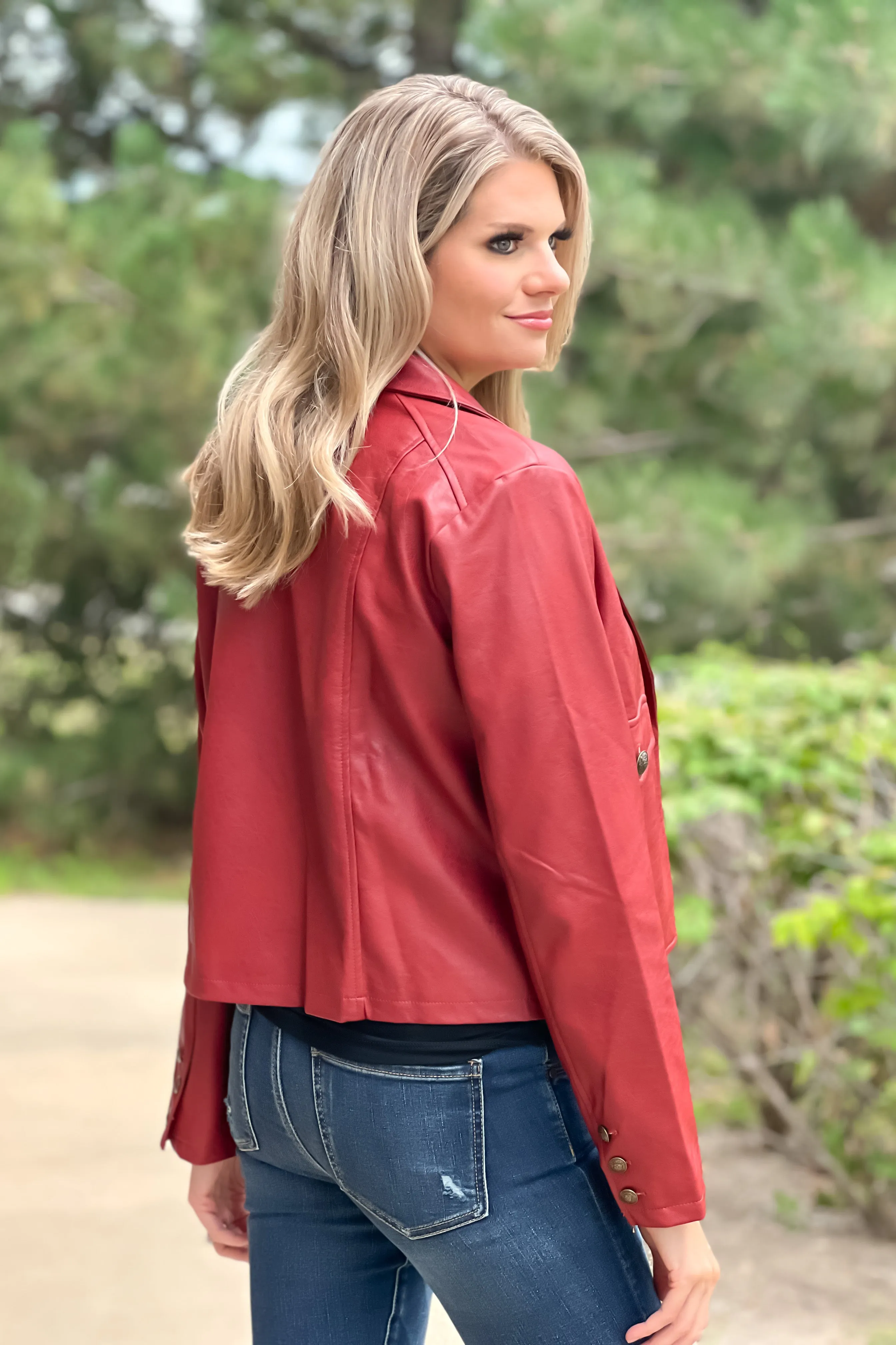 Something More Faux Leather Short Jacket : Burnt Red