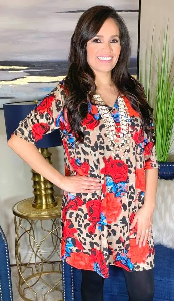 Taupe Leopard & Coral Floral Flutter Tunic