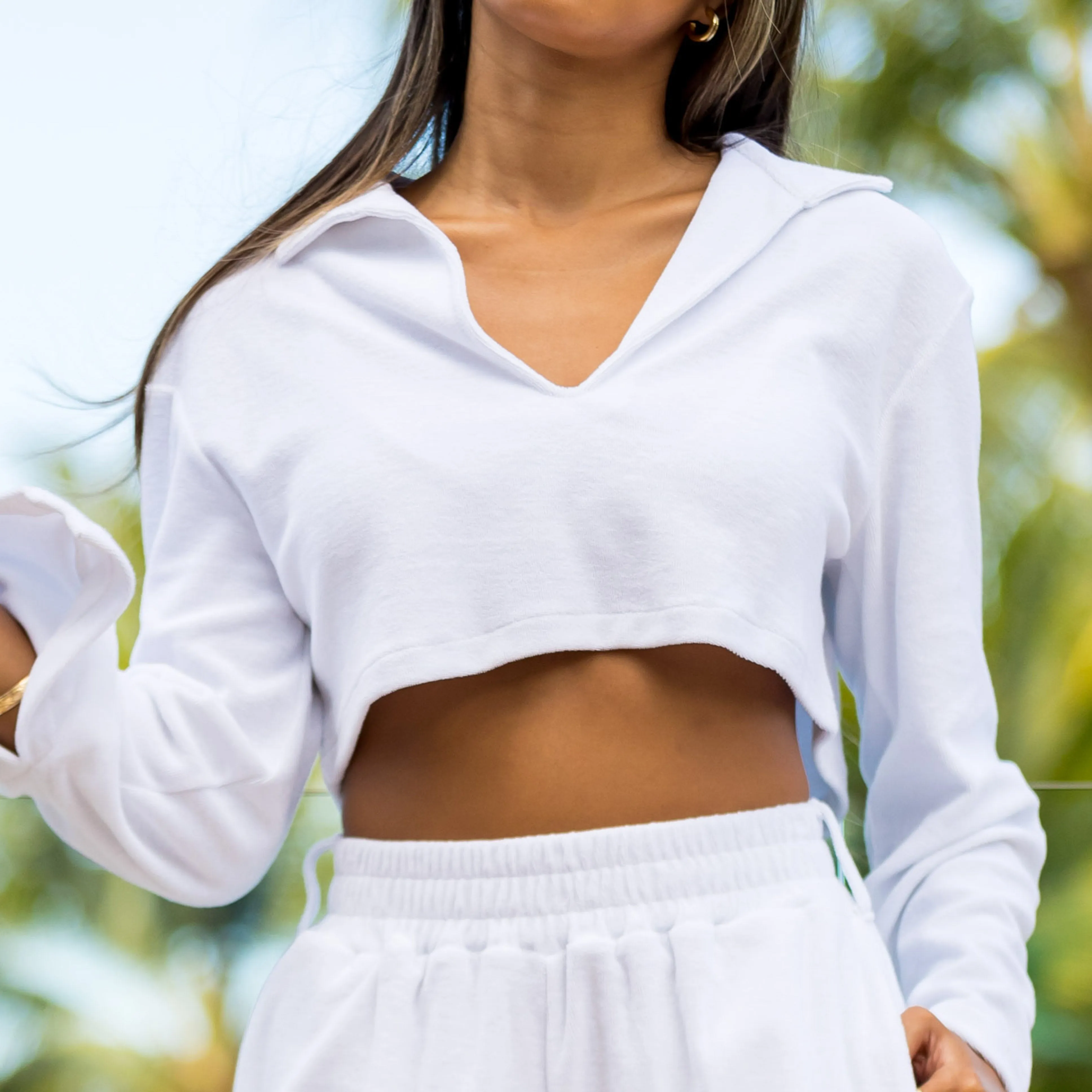 The Poolside - Long Sleeve White Terry Pullover Crop Top