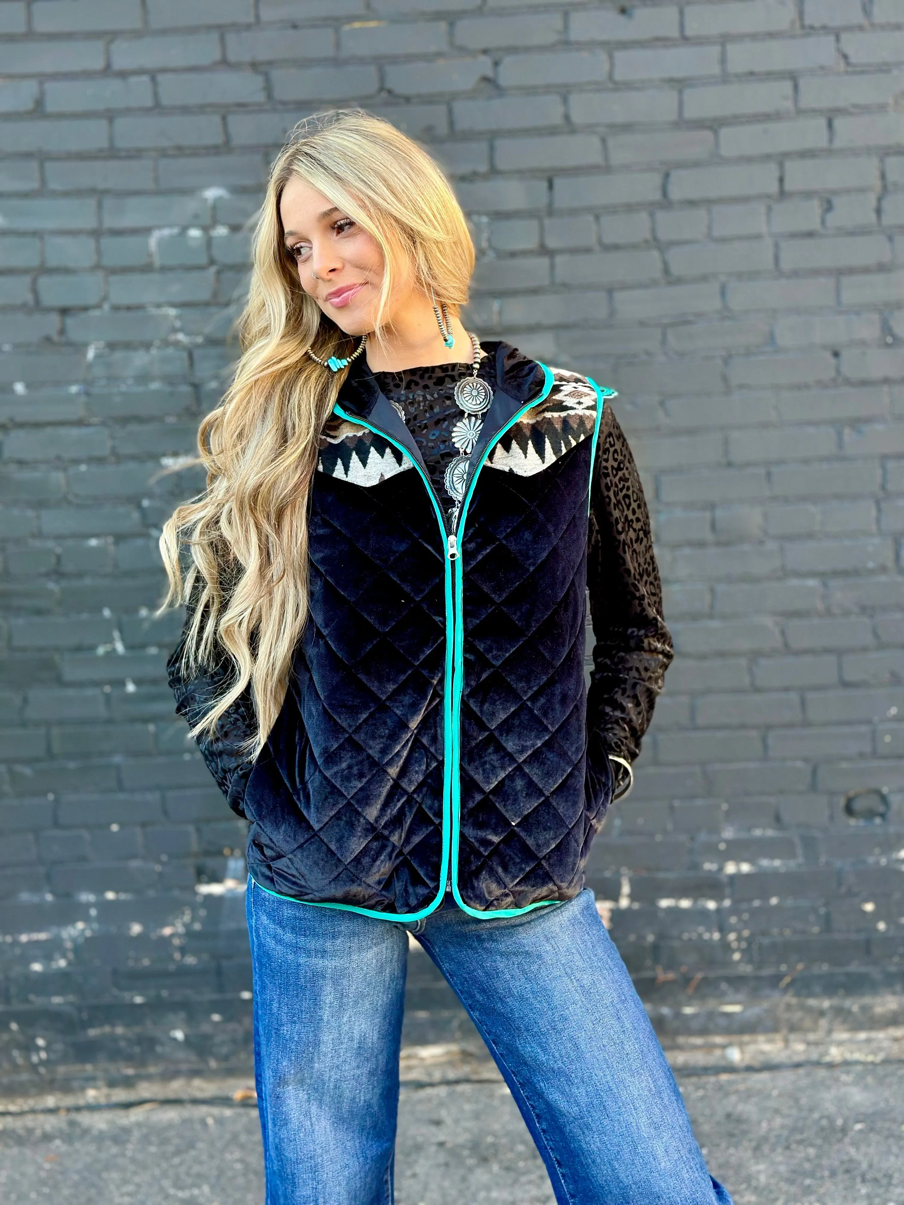 The Telluride Black Velvet Aztec Vest