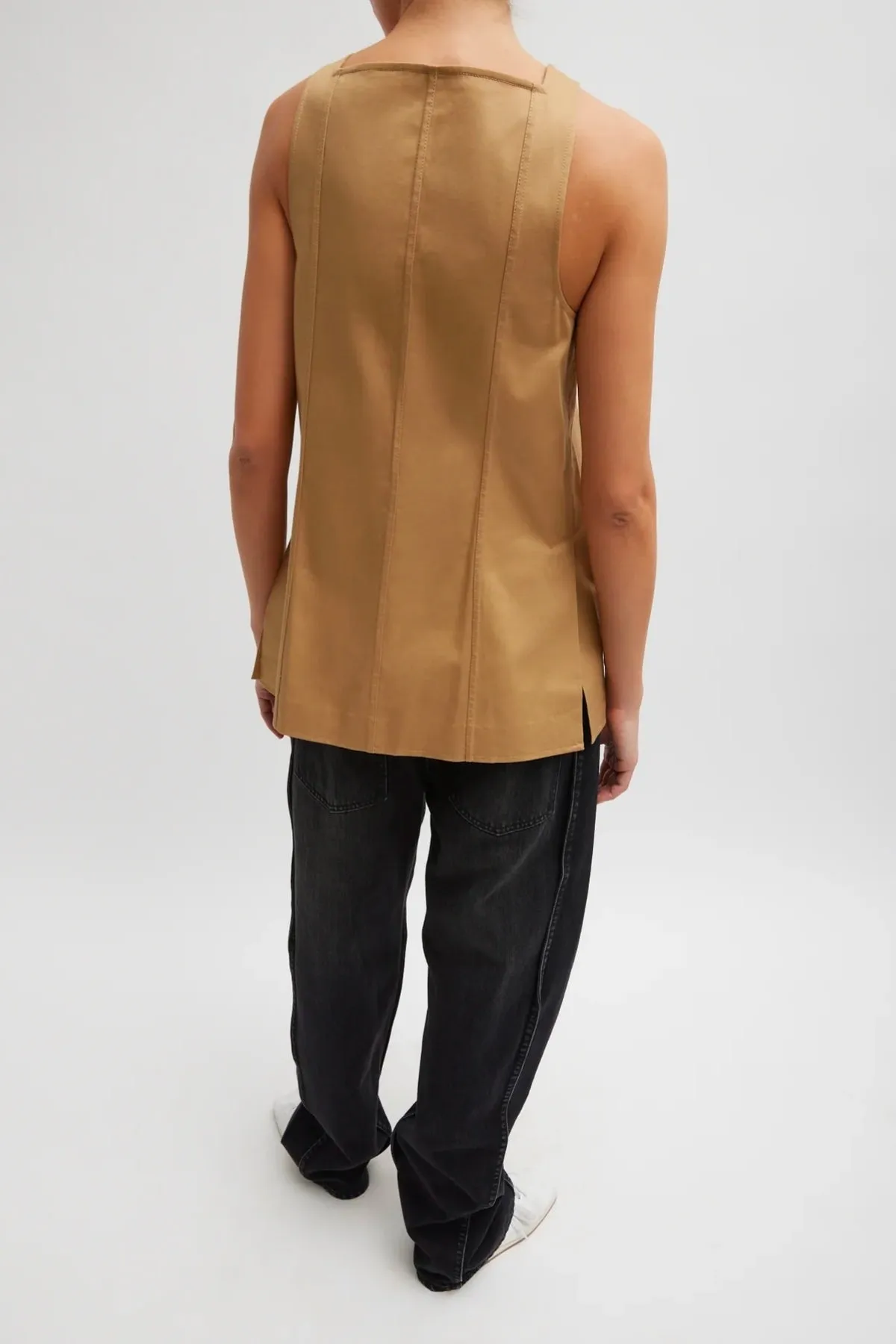 Tibi Chino Slit Front Sleeveless Tunic - Tan