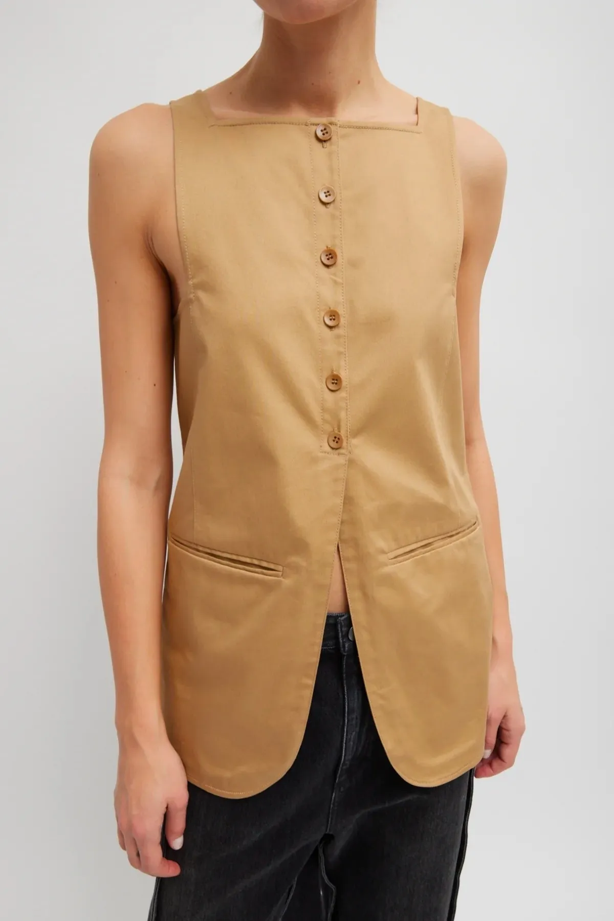 Tibi Chino Slit Front Sleeveless Tunic - Tan