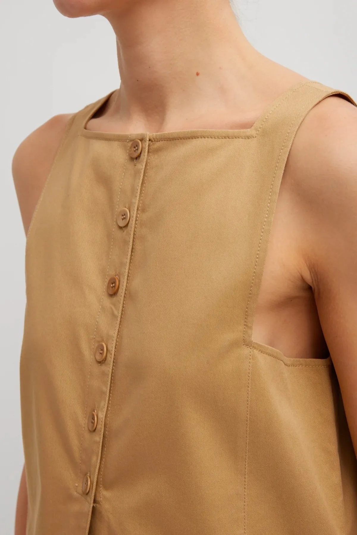 Tibi Chino Slit Front Sleeveless Tunic - Tan