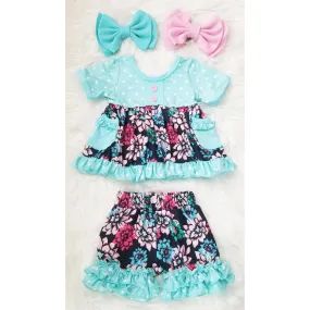 Turquoise Flower & Polka Dot Short Sleeve Ruffles Set