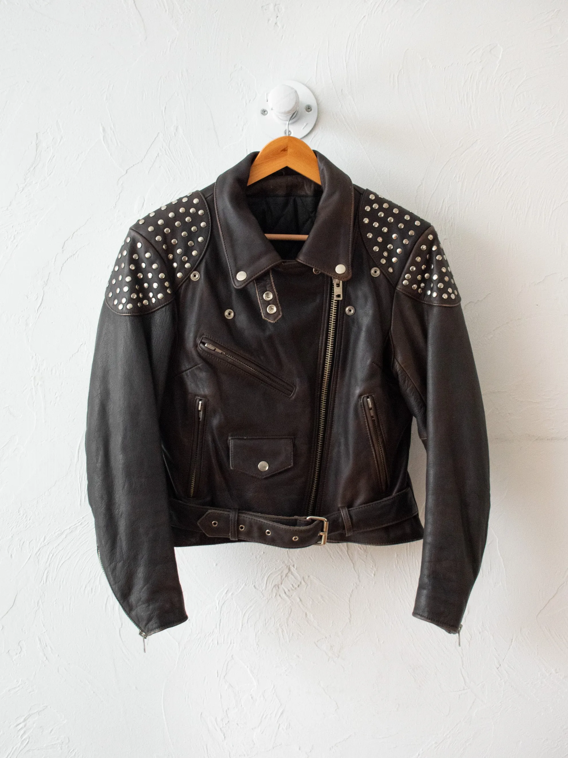 Vintage Studded Insulated Brown Leather Motorcycle Jacket M