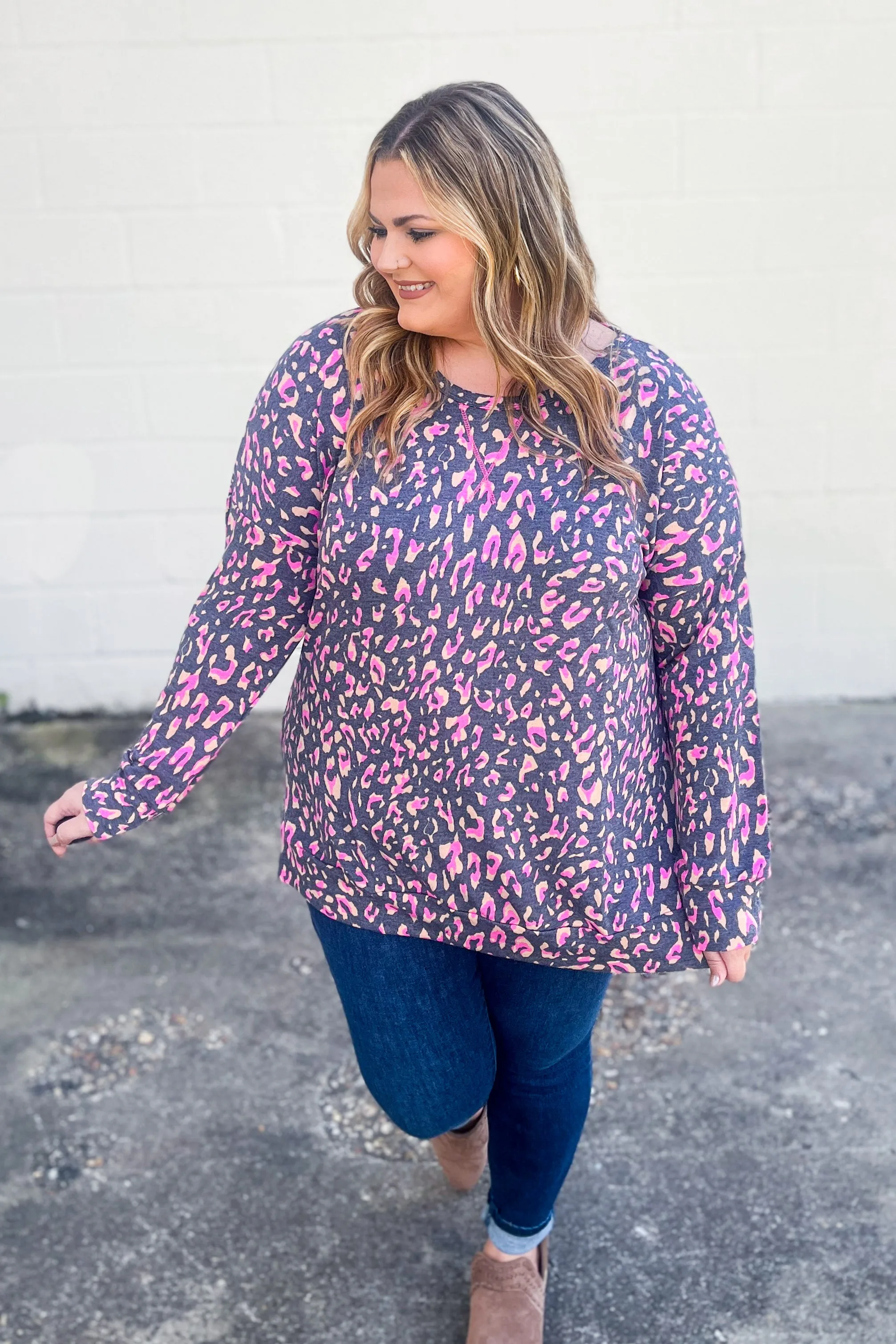 Wild Thing Leopard Pullover Top, Charcoal/Pink