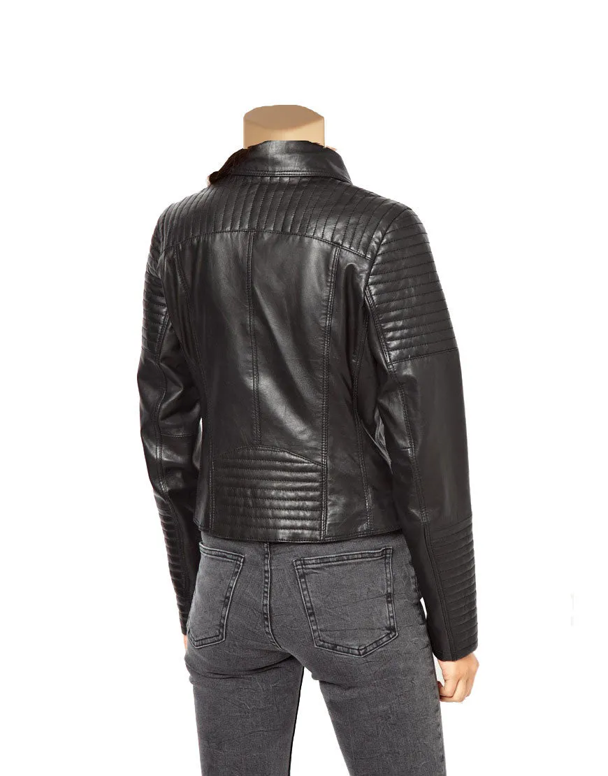 Women’s Black Biker Style Leather Jacket With Ribbed Panels