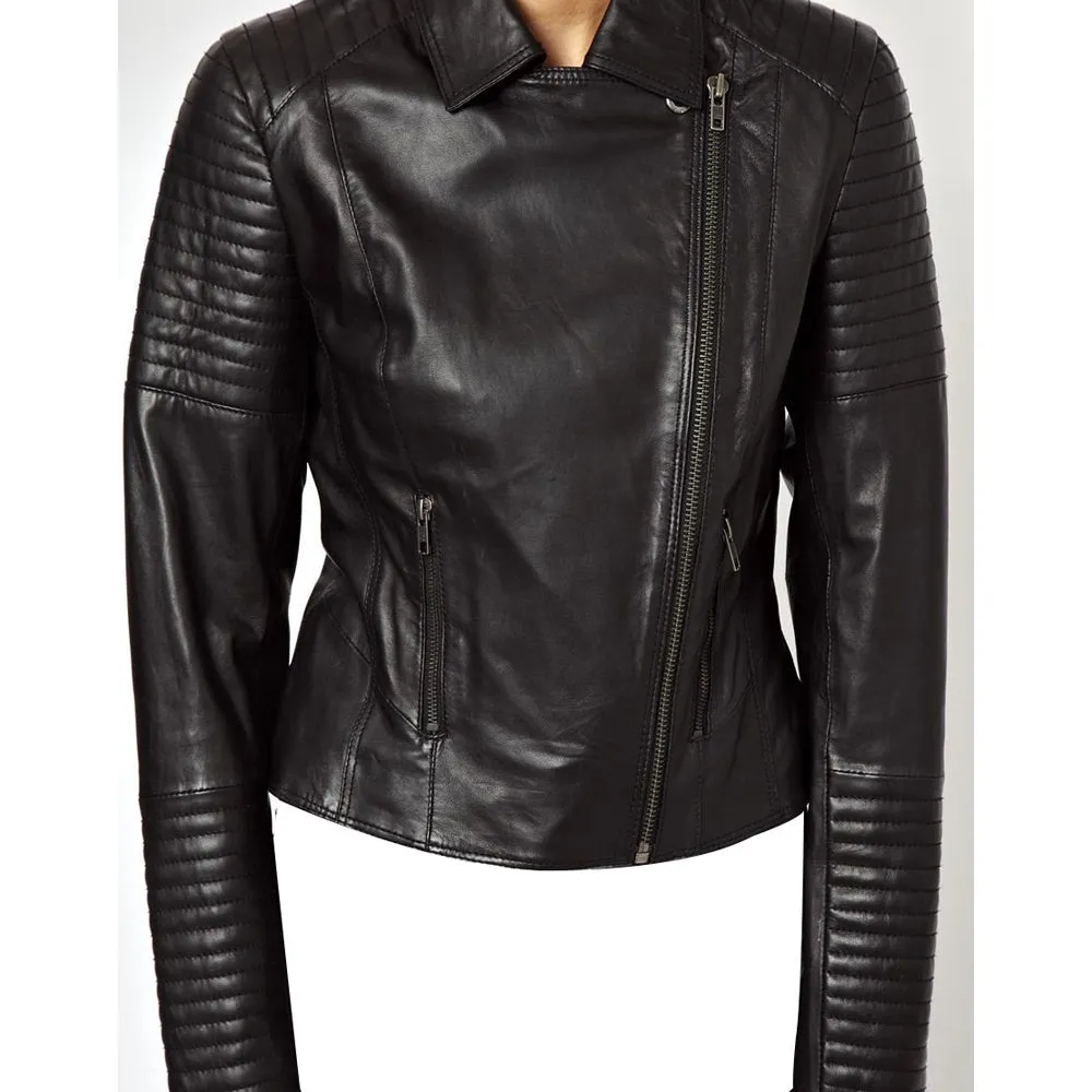 Women’s Black Biker Style Leather Jacket With Ribbed Panels