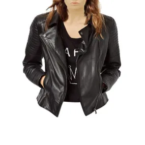 Women’s Black Biker Style Leather Jacket With Ribbed Panels